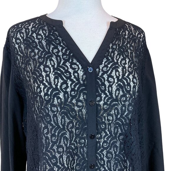 Chicos Long Sleeve V-Neck Black Lace Button-Front Blouse L - Picture 2 of 7